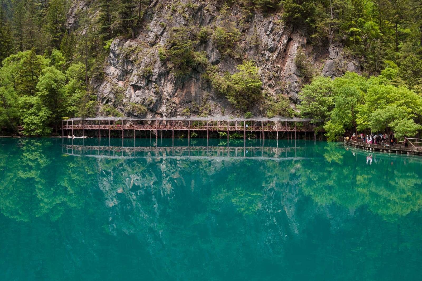 Panda Lake and cliff reflections in Jiuzhaigou Valley