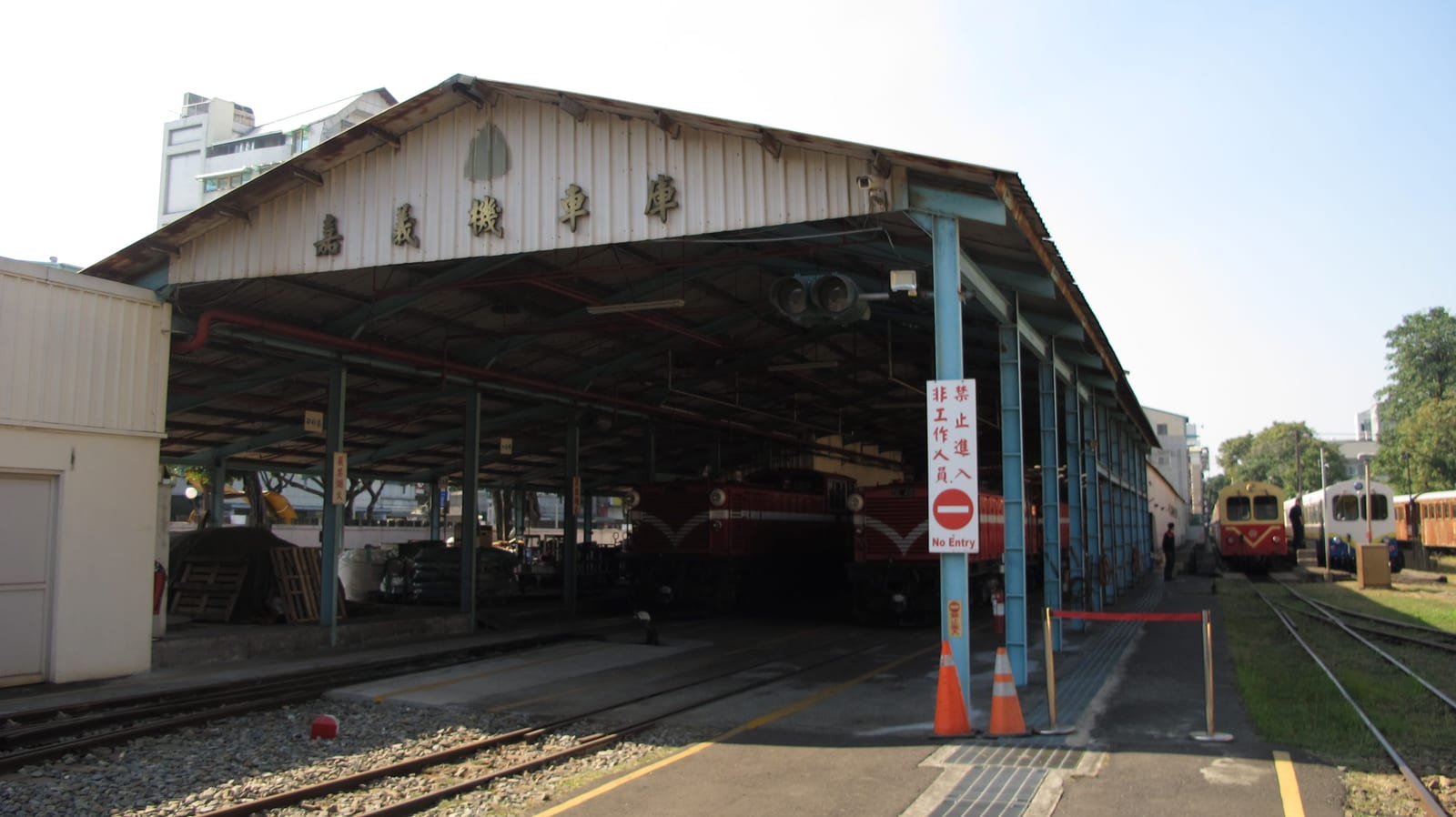 Covered siding, tracks and historic locomotives at Chiayi Locomotive Depot