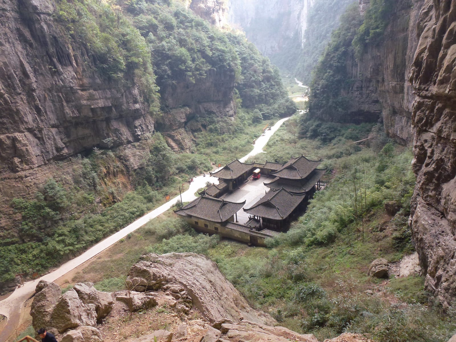 Karst ravine and visitor path inside Wulong Three Natural Bridges, Chongqing