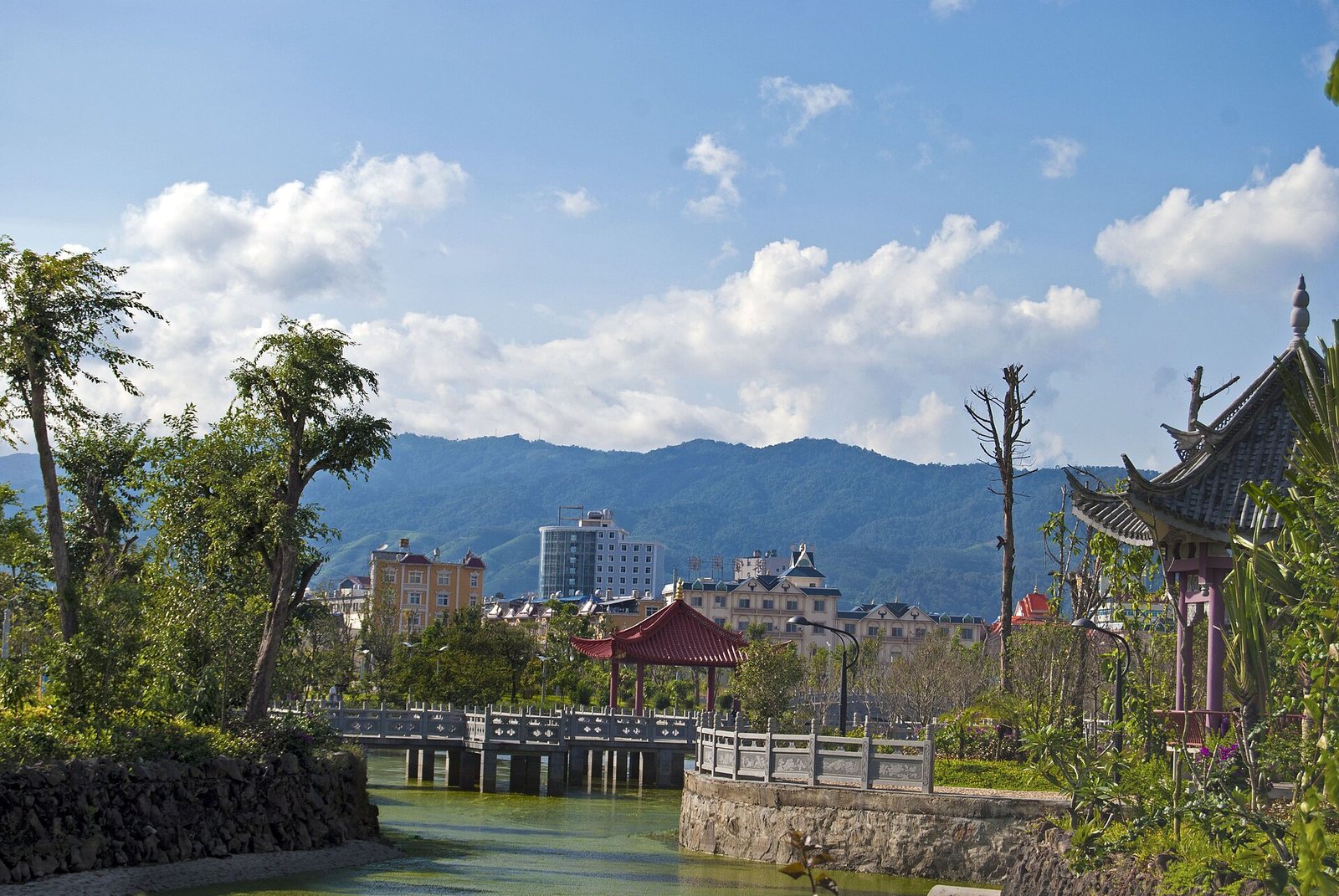 Ruili city gardens and distant mountains in Dehong, Yunnan