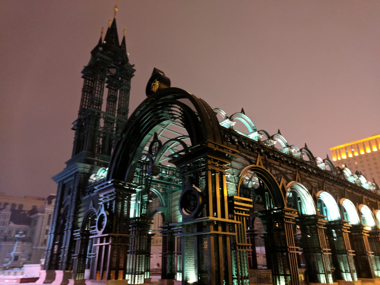 Illuminated Saint Sophia Cathedral, dome and square at night in Harbin