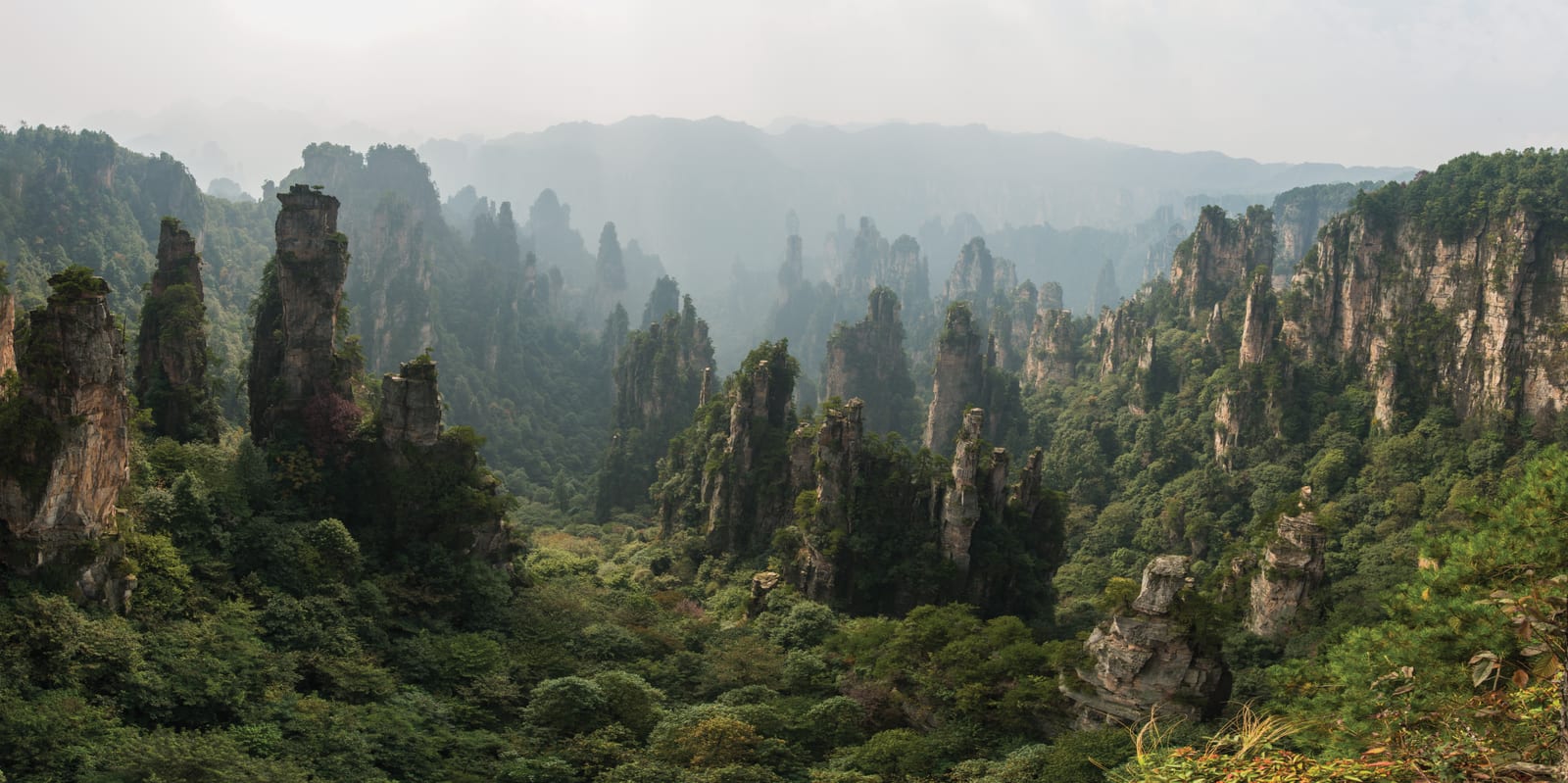 Sandstone pillars, valleys and layered ridges in Wulingyuan, Zhangjiajie