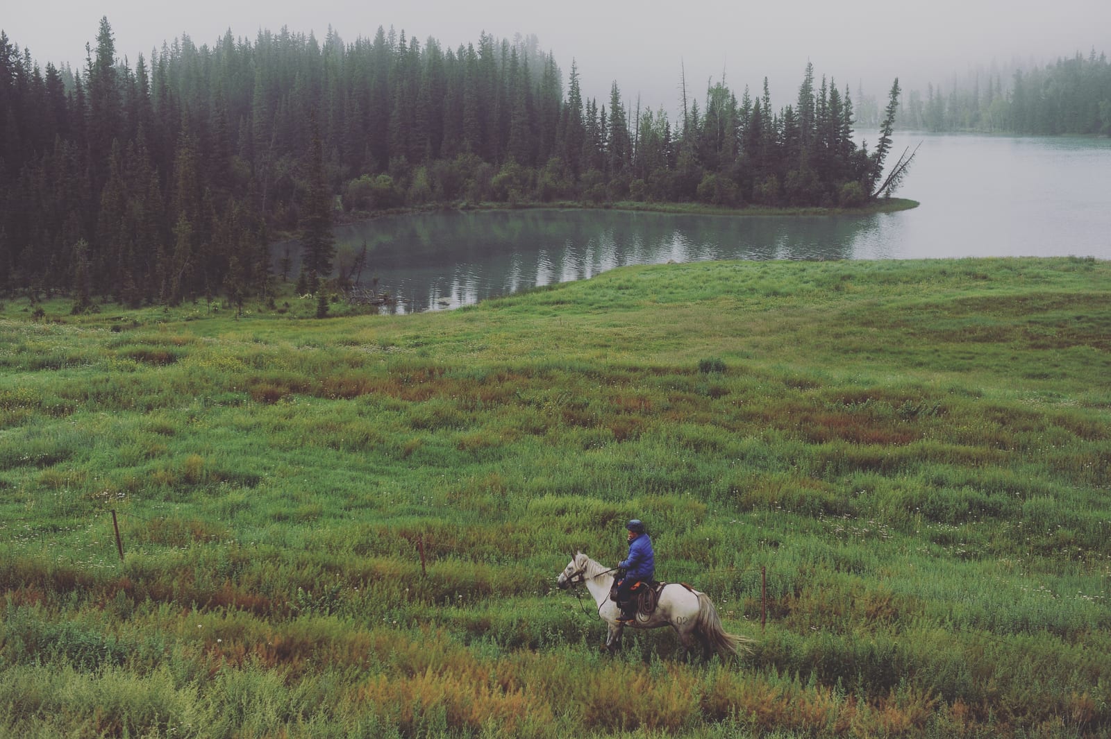 Kanas Lake, meadow, forest and a distant rider in Altay Prefecture